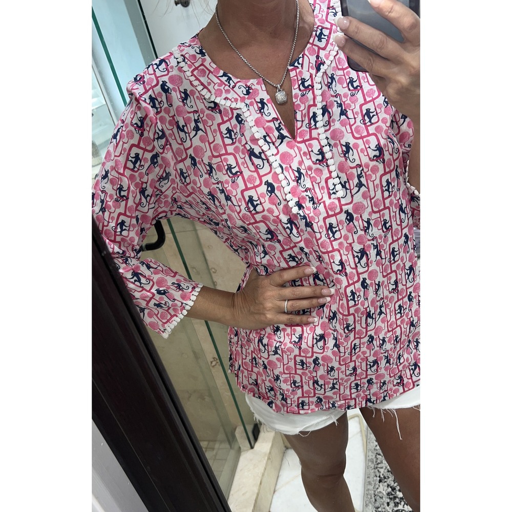 Talbots Monkey Print Pink V-slit Eyelet Blouse. Size medium Crochet Gauzy Blue